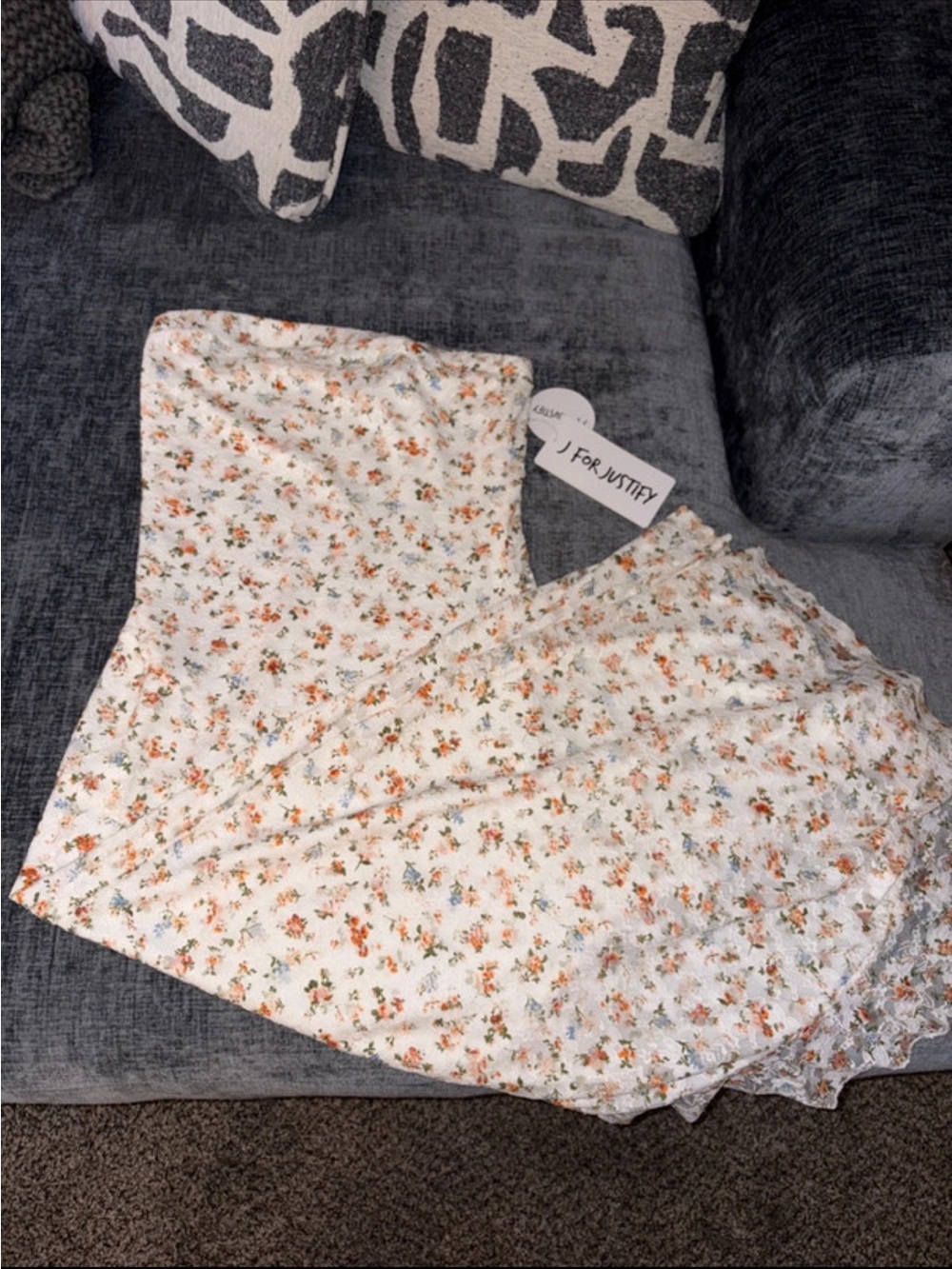 J for Justify Strapless Floral Dress - White with Orange & Green Accents